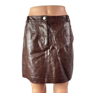 Avec Les Filles Brown Croc Embossed Faux Vegan Leather Mini Flare A-Line Skirt S